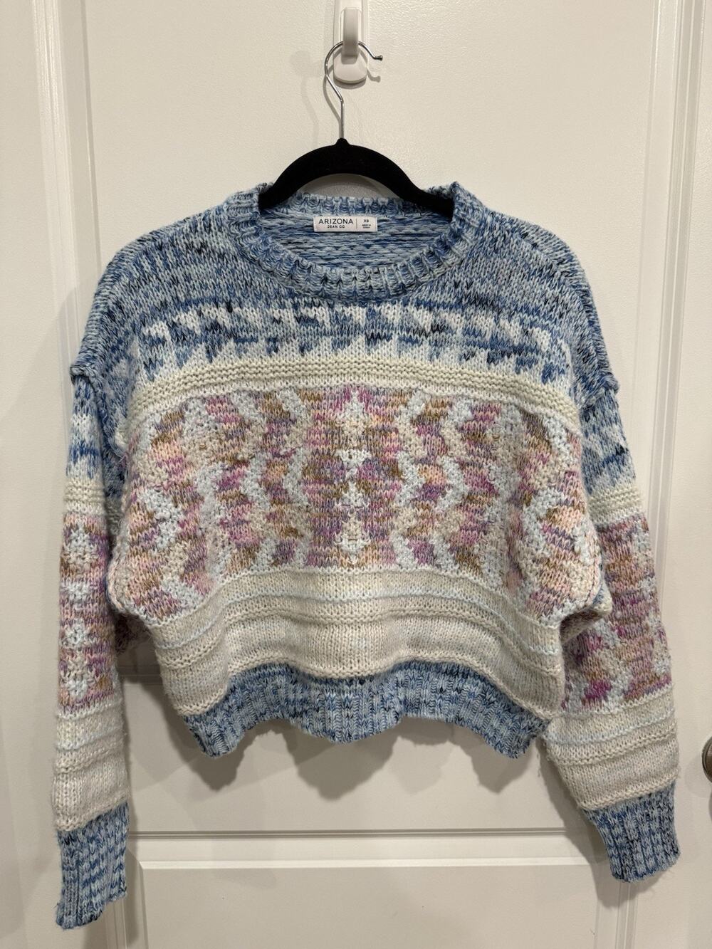 Arizona Jean Company Womens Cream Pastel Knit Geometric Print Cropped Sweater XS